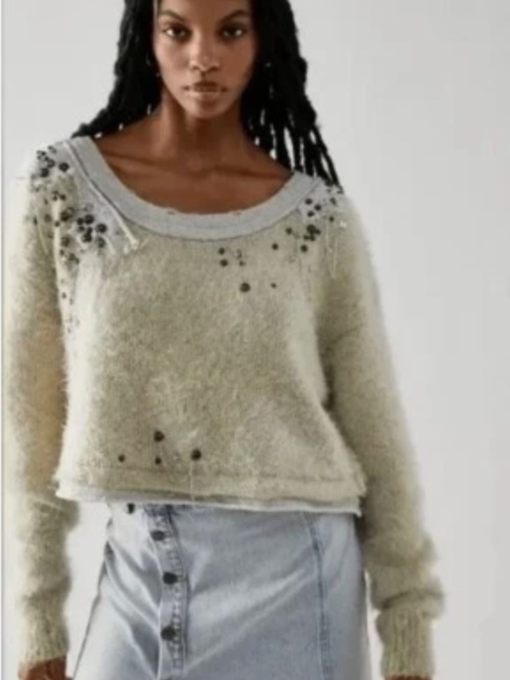 Free People Cream Fuzzy Sequin Crewneck Sweater